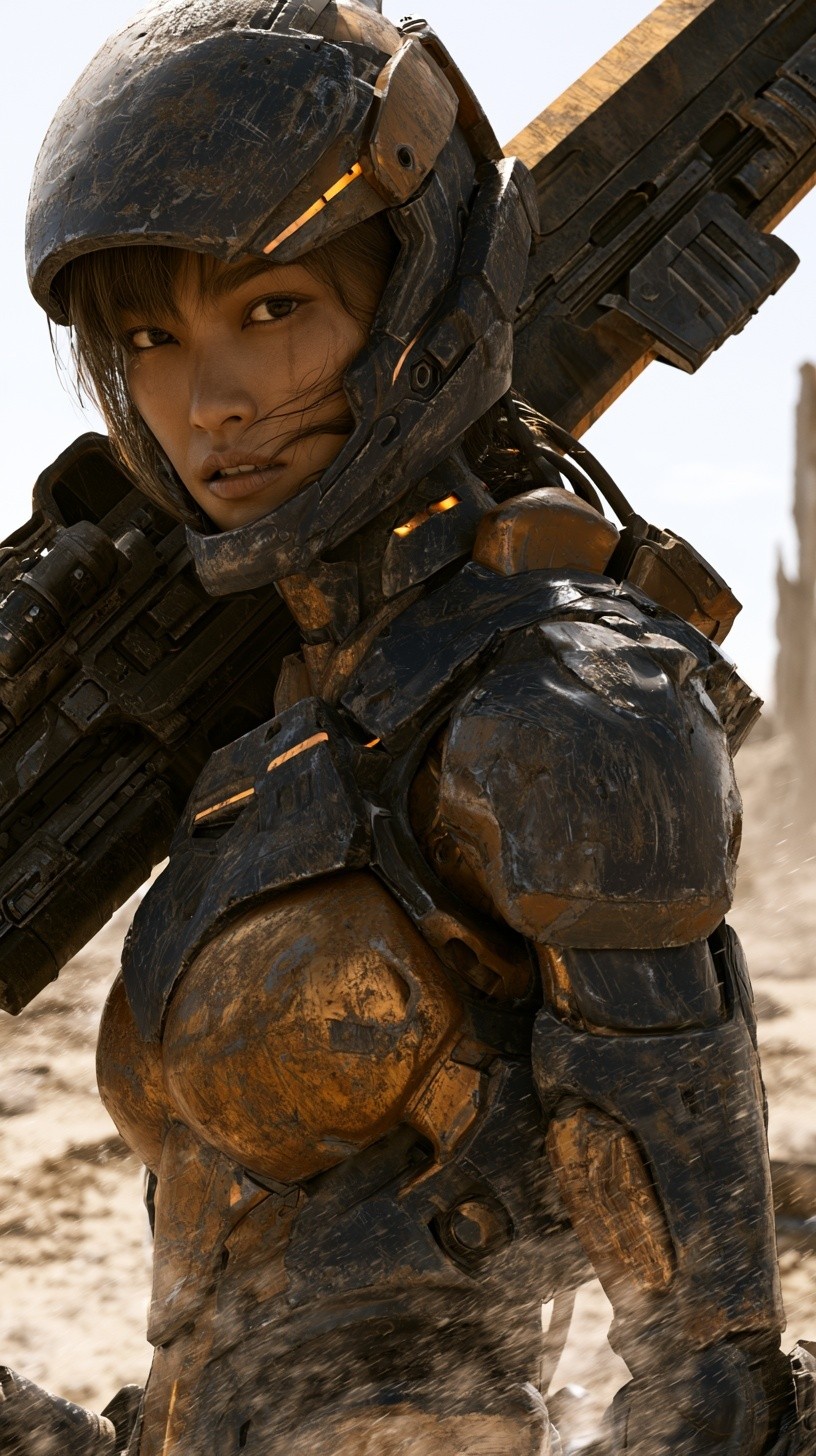 A gritty photorealistic close-up portrait of a battle-hardened Asian...