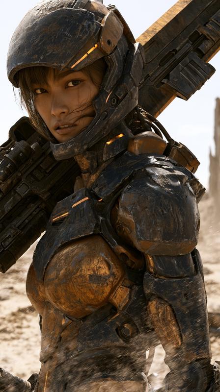 A gritty photorealistic close-up portrait of a battle-hardened Asian...