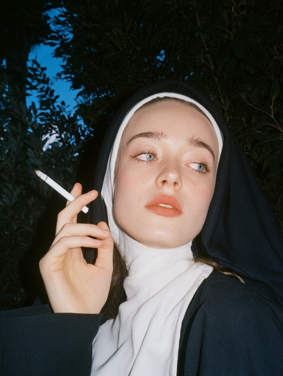 Photograph close-up vertical outdoor portrait candid analog snapshot style...