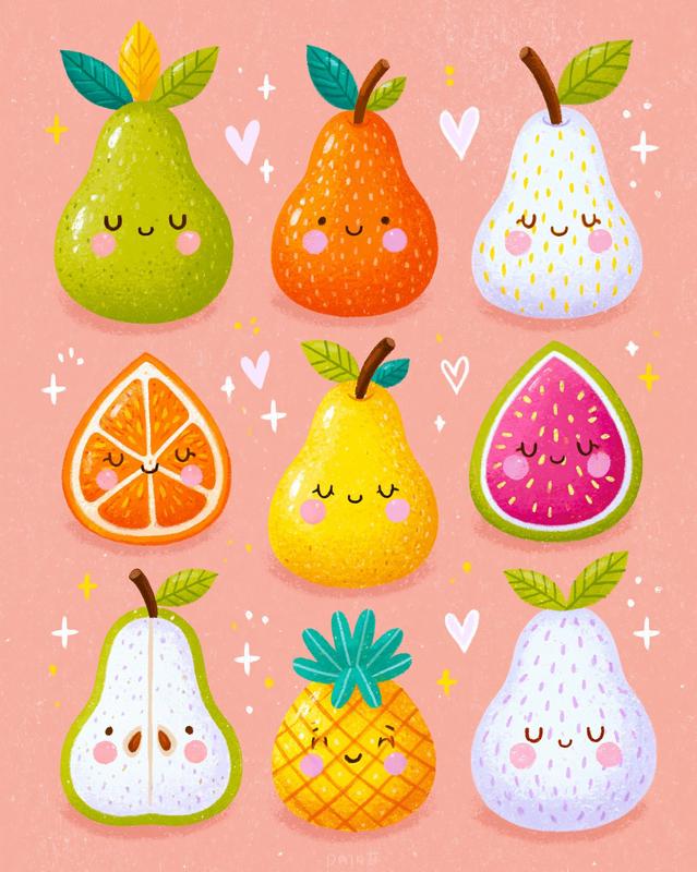 Retro style pear collection watercolor summer fruit...