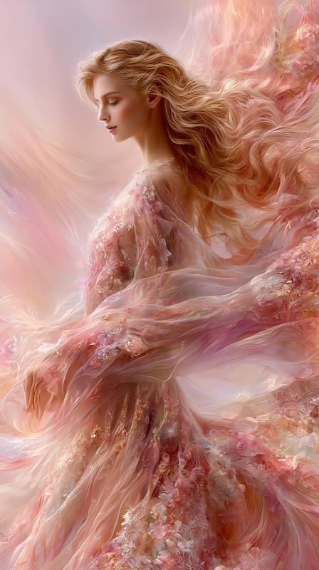 Ethereal young woman side profile long flowing golden-blonde hair...