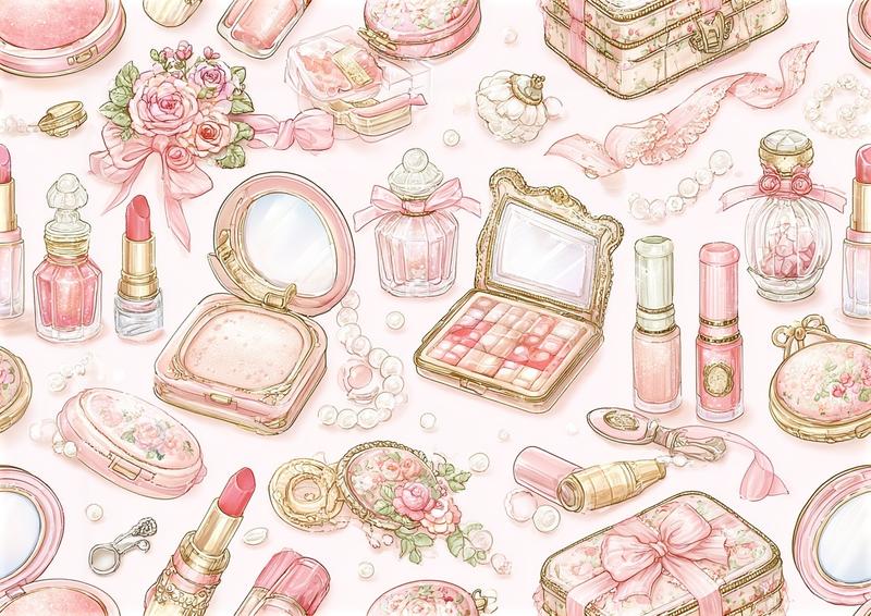 milky pastel pink background cute cosmetic items scattered extremely...
