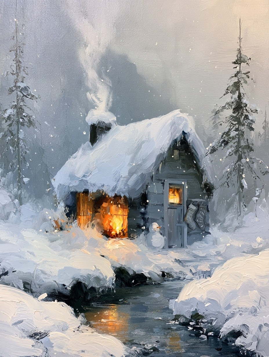 Log cabin halfway up snow mountain thick snow covering...