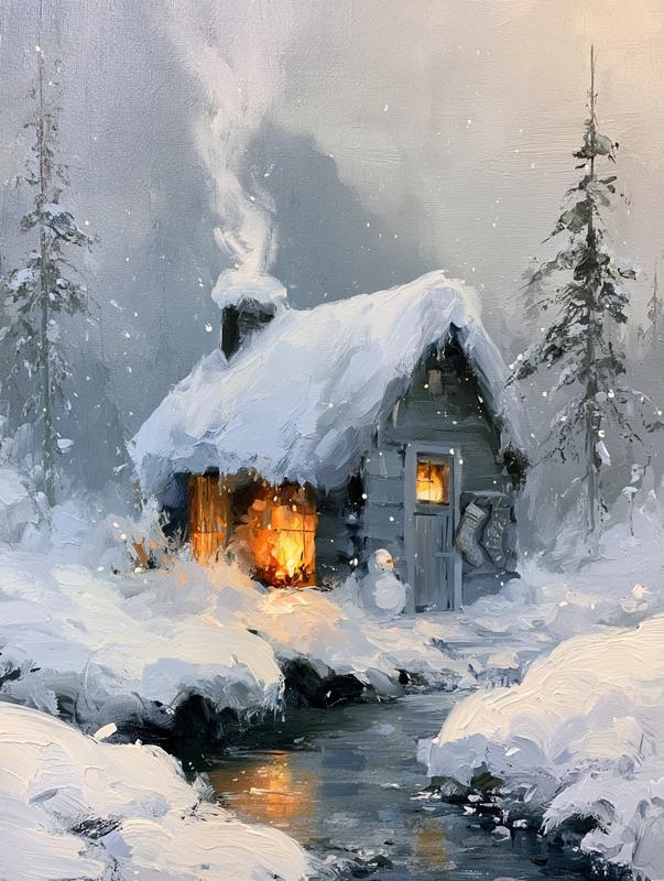 Log cabin halfway up snow mountain thick snow covering...