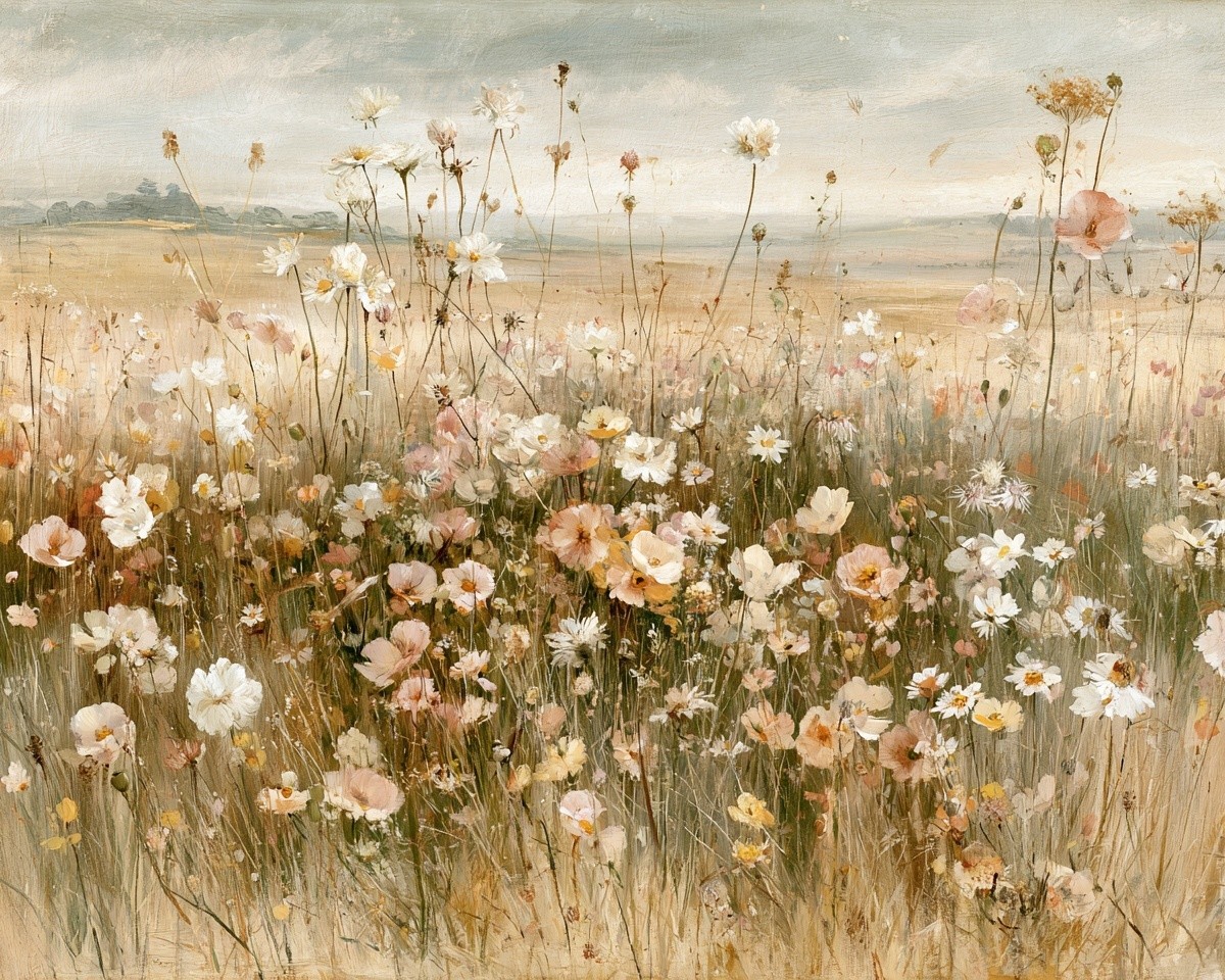 A field of wildflowers vintage style cozy summer landscape...