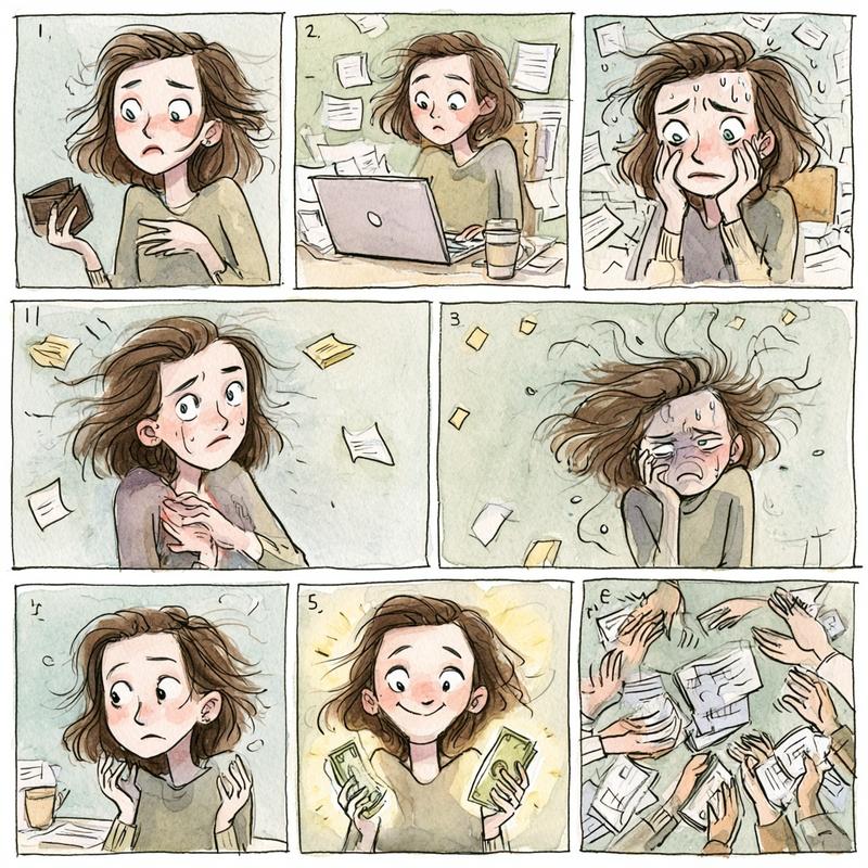 Water color 6 panel comic strip same woman in...