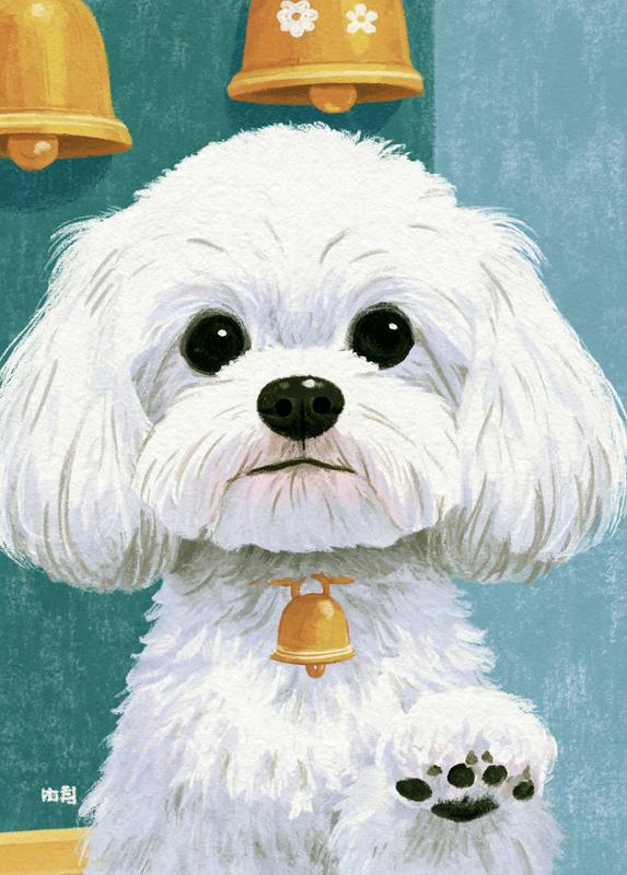 illustration of cute dog Portrait Wearing golden bells One...