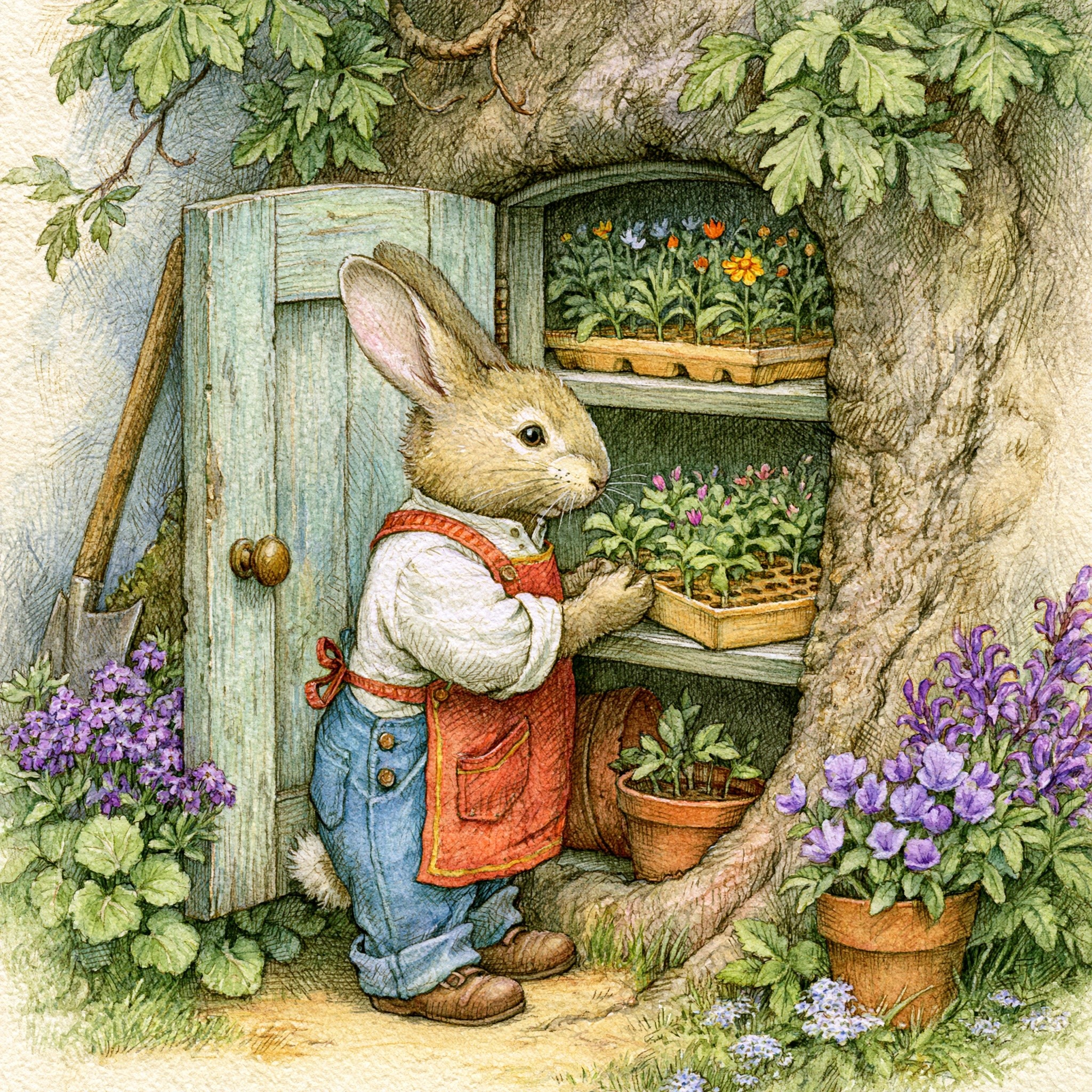 imagine a bunny with long ears in a gardening...