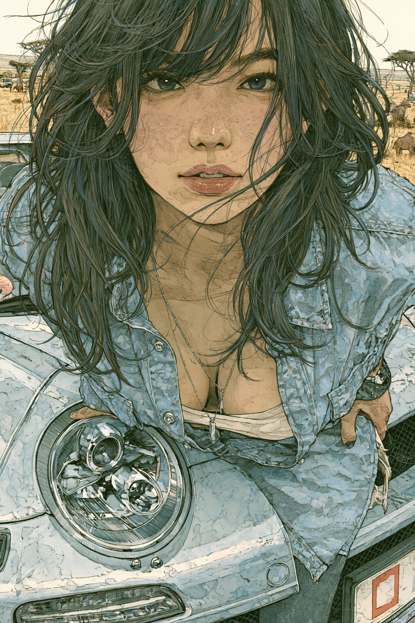 日本の漫画風イラスト イラストレーション フルカラー ひとりの美しい女性 日本人 二十歳 彼女はカジュアルな洋服を着ている 彼女は鋭い眼差しで正面を向いている 彼女は銀色のスポーツカーにもたれかかるようにして立っている...