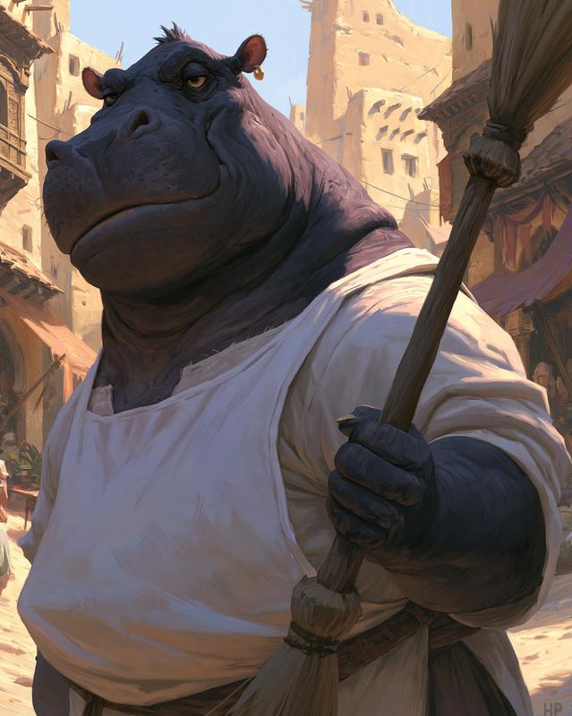 chest-up portrait of massive anthropomorphic black hippopotamus merchant broad...