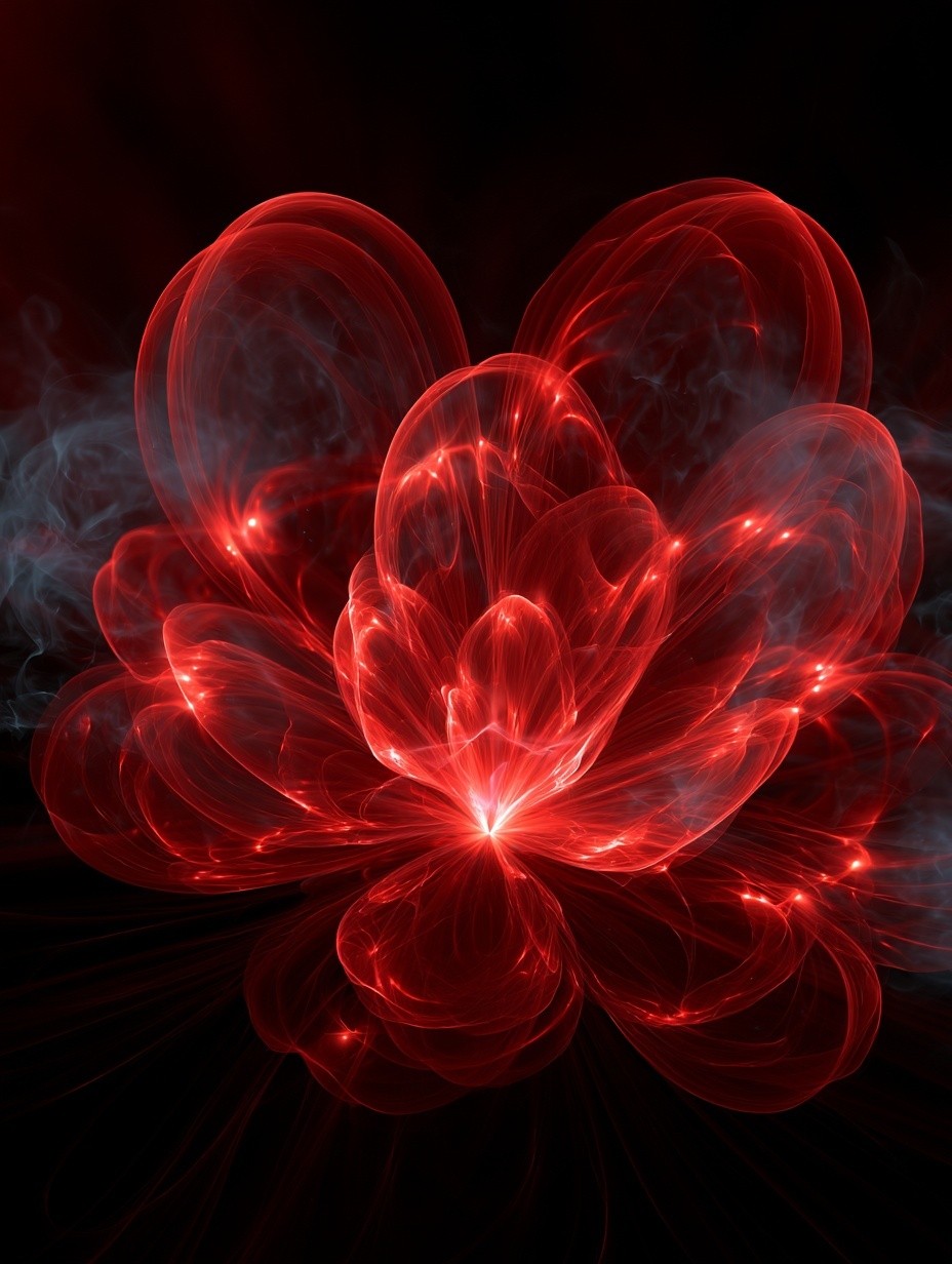 abstract crimson flower-like energy burst black background glowing red...