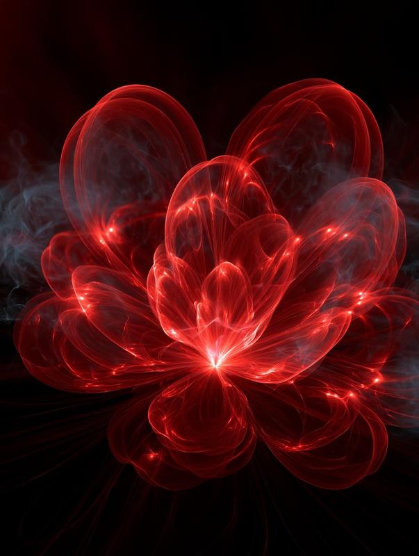 abstract crimson flower-like energy burst black background glowing red...