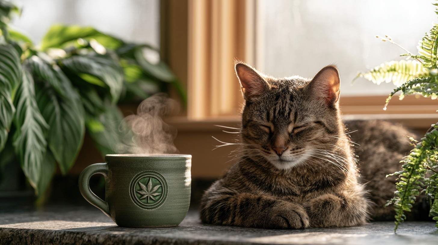Ultra detailed tabby cat enjoying a tranquil morning beside...