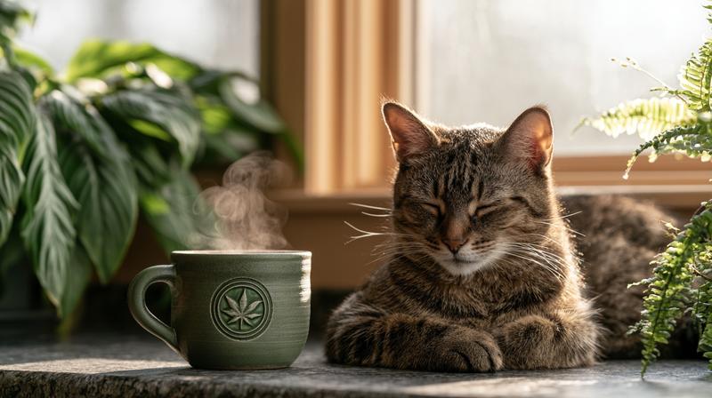 Ultra detailed tabby cat enjoying a tranquil morning beside...