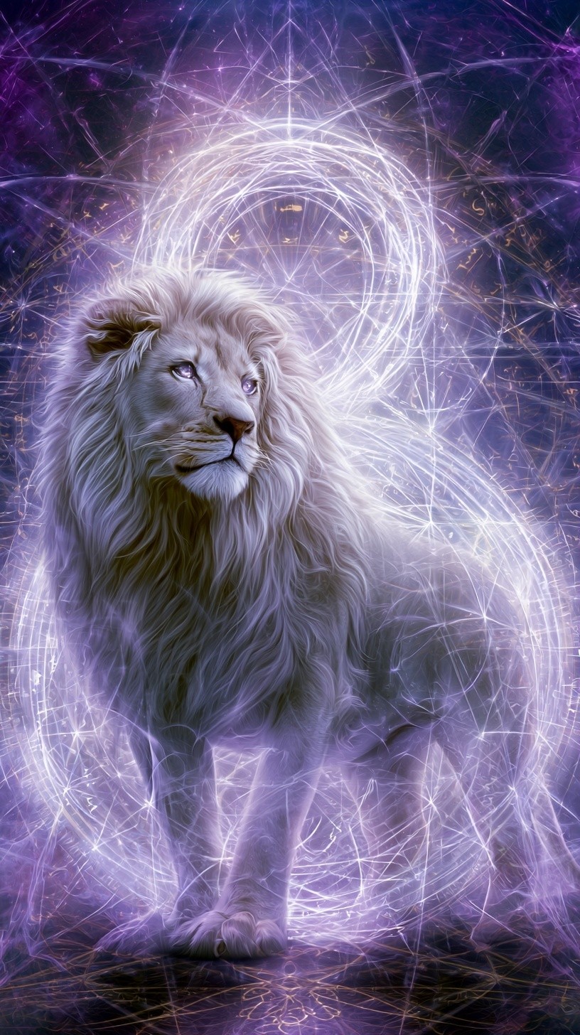 A sacred Codex lion glyph rendered in shimmering crystalline...