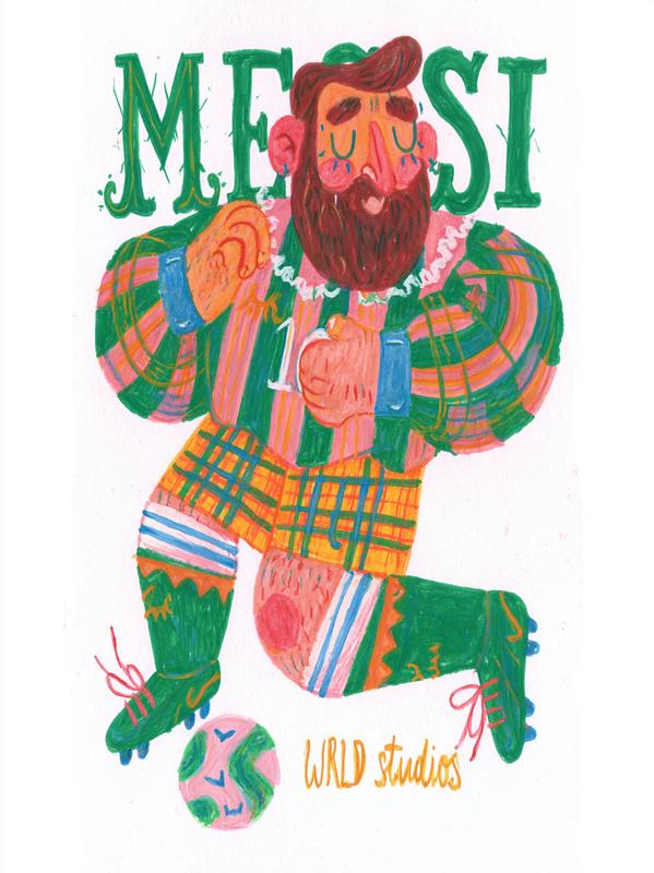 minimal Messi playing football illustration clean retro mediterranean poster...