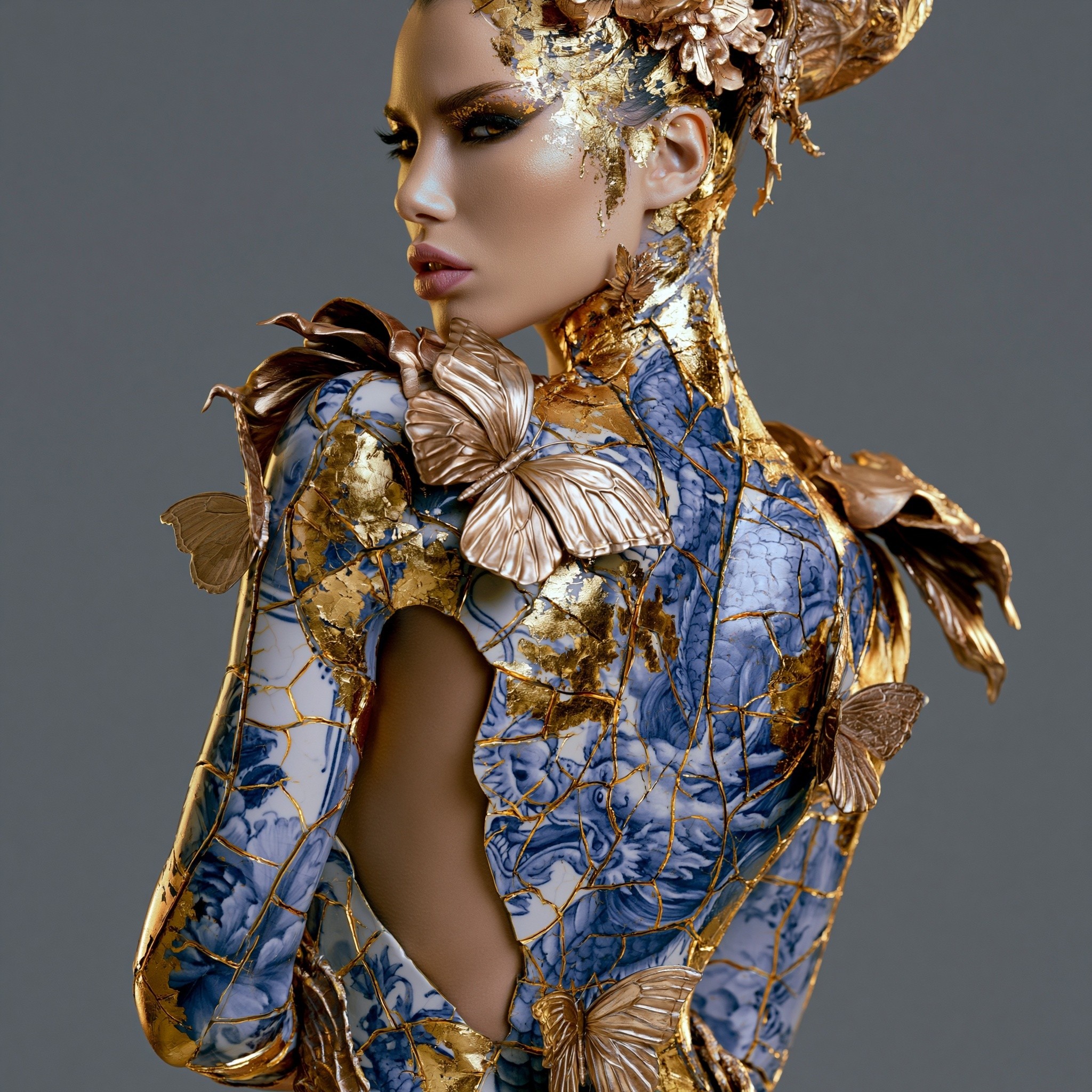 half body composition of a beautiful model with Delft...