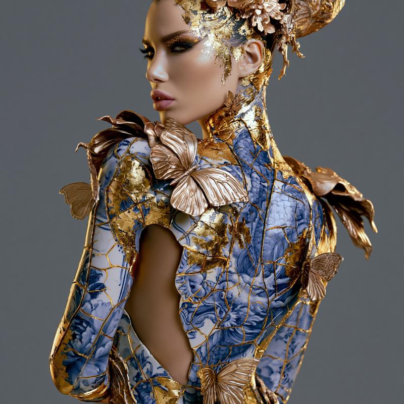 half body composition of a beautiful model with Delft...