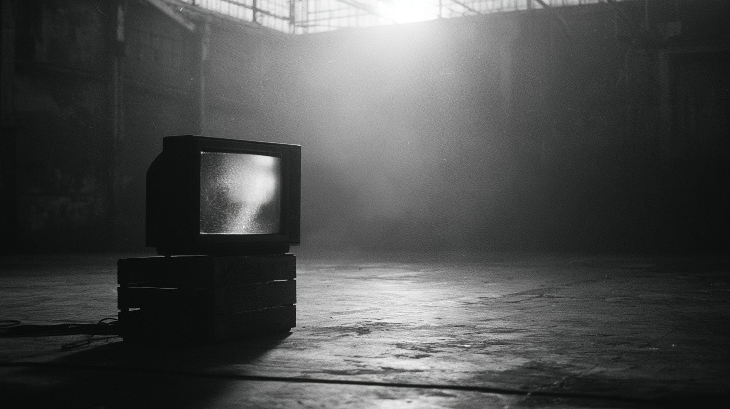 An old CRT television sits on a wooden crate...