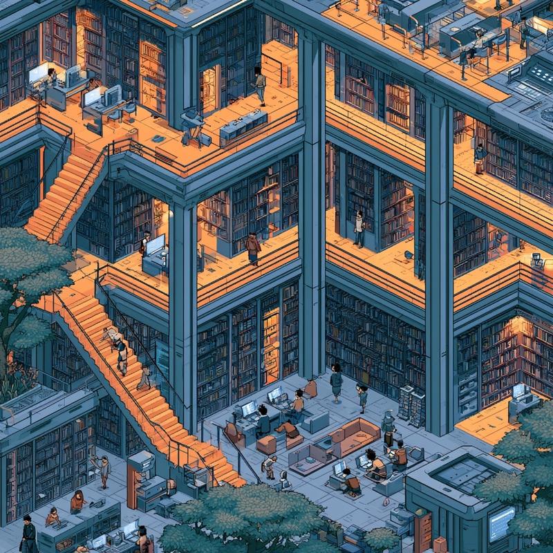 An isometric drawing of a futuristic school library which...