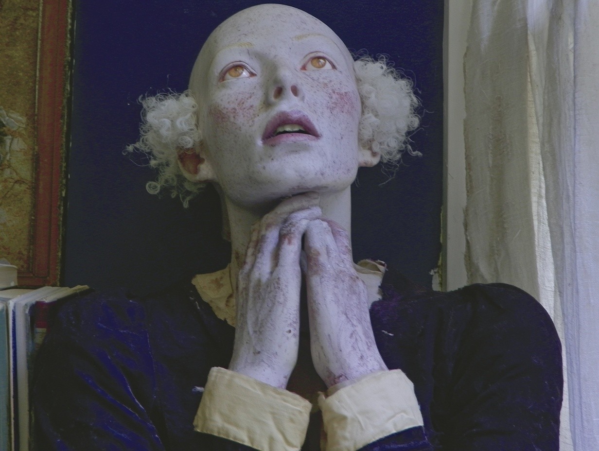 a low angle medium closeup of a realistic mannequin...