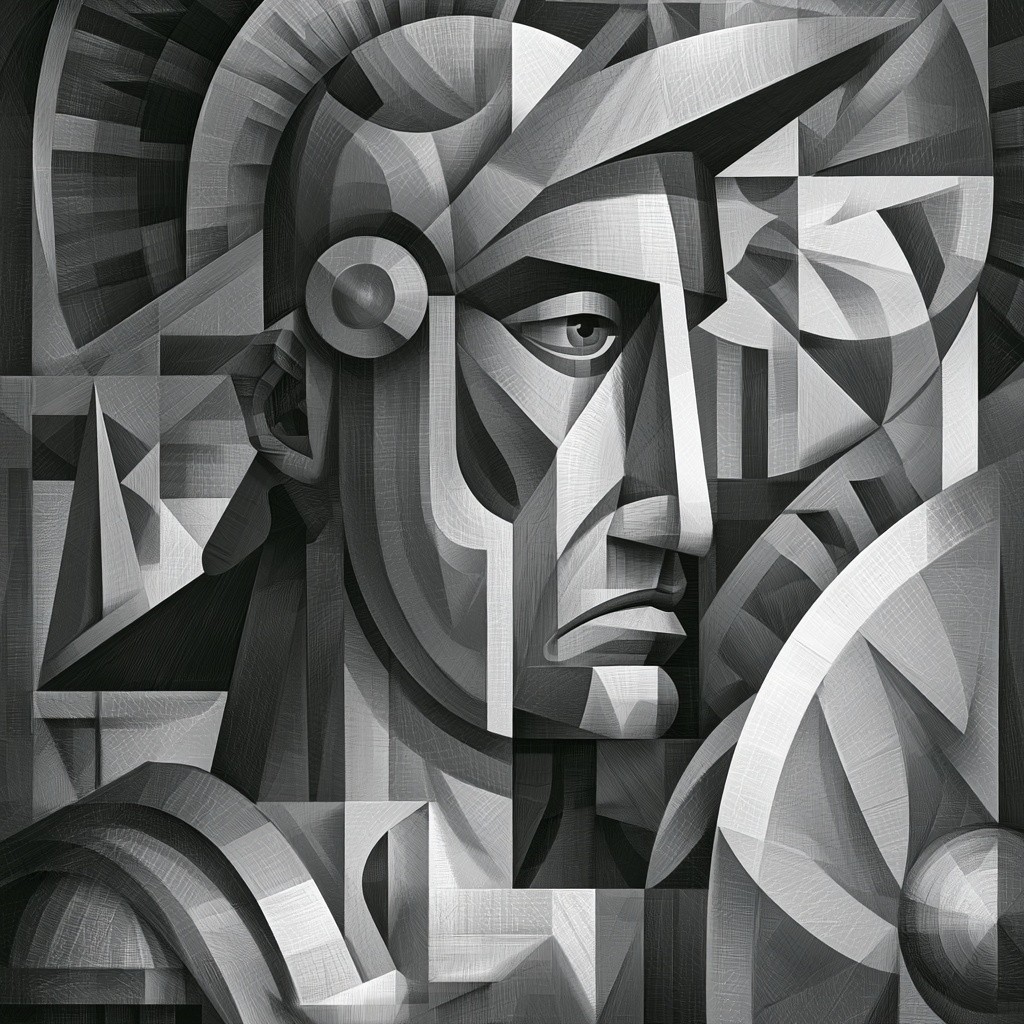 a monochromatic cubist picture of a roman centurionm geometric...