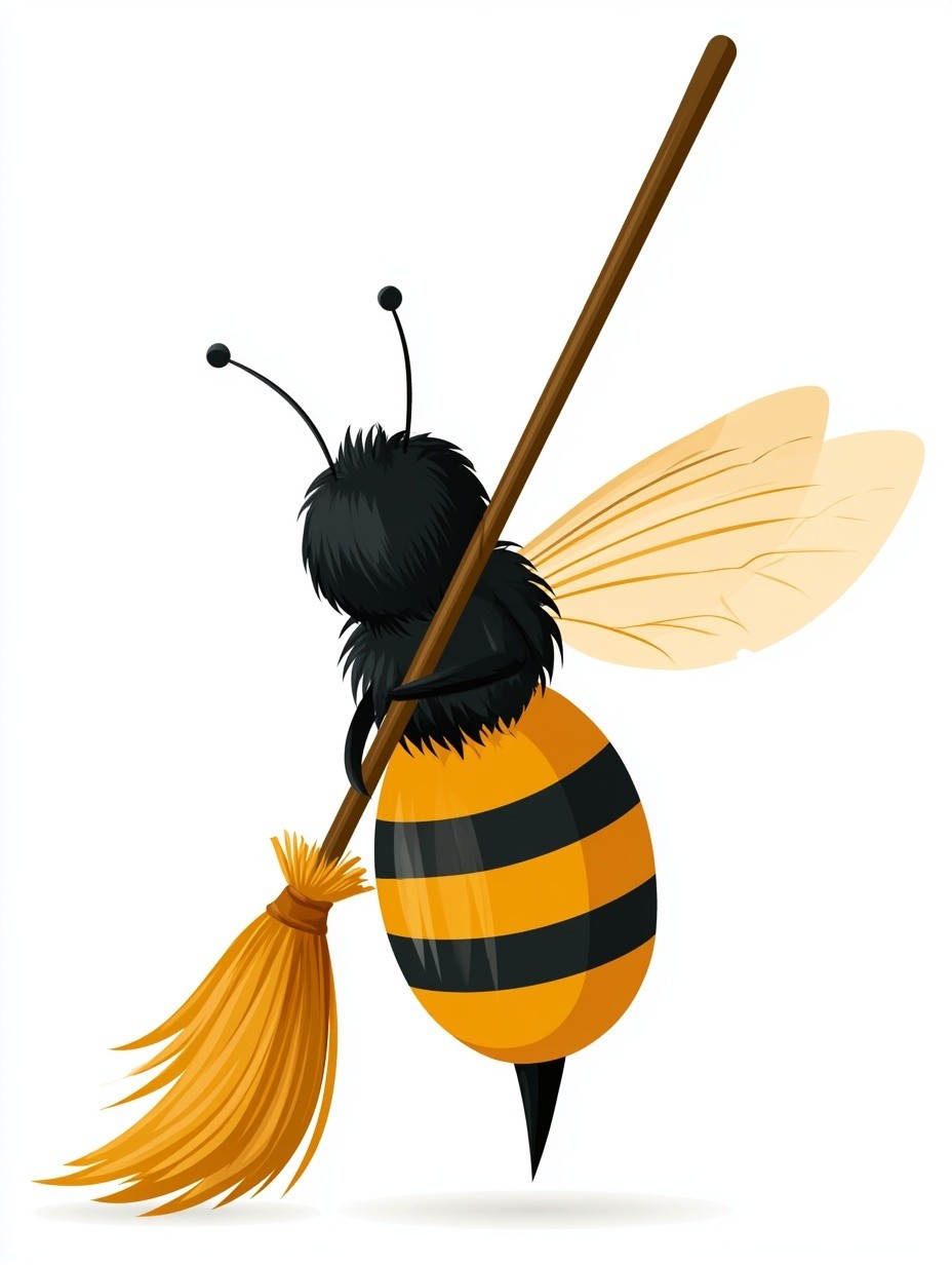 cute face anime bee sweeping floor with broom...