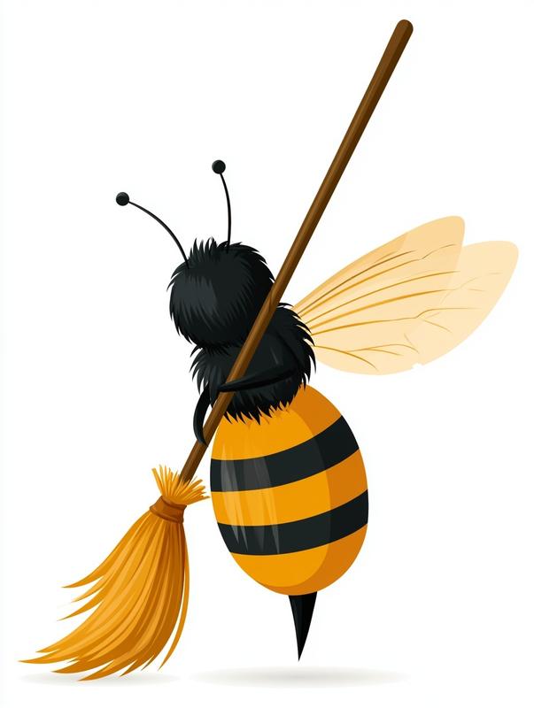 cute face anime bee sweeping floor with broom...