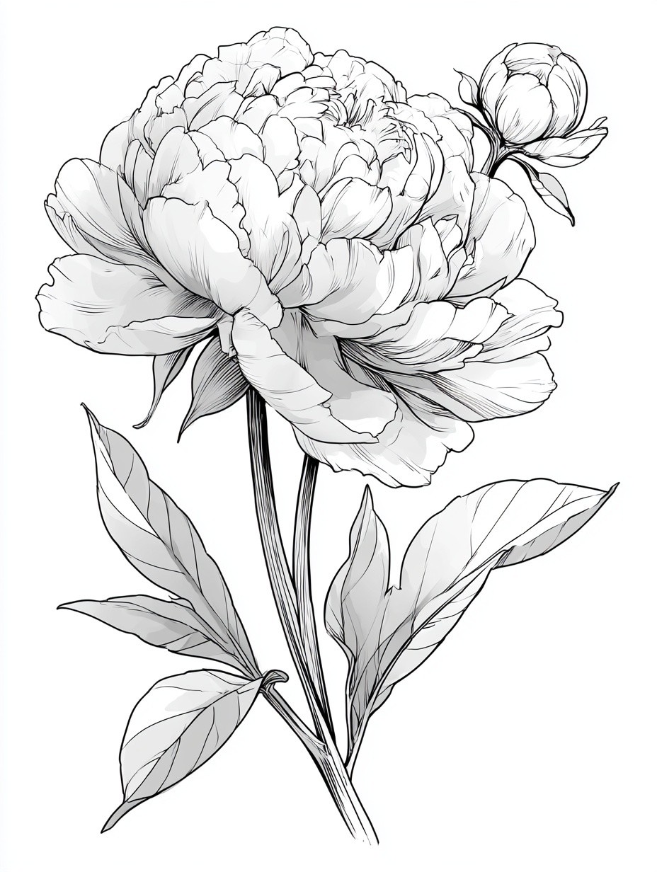 Elegant botanical line art of a single blooming peony...