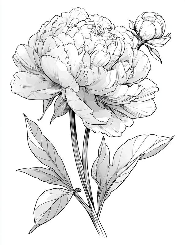 Elegant botanical line art of a single blooming peony...