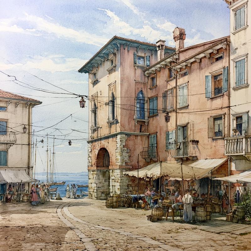 Crea un disegno all'acquarello chiaro d'epoca di uno scorcio...