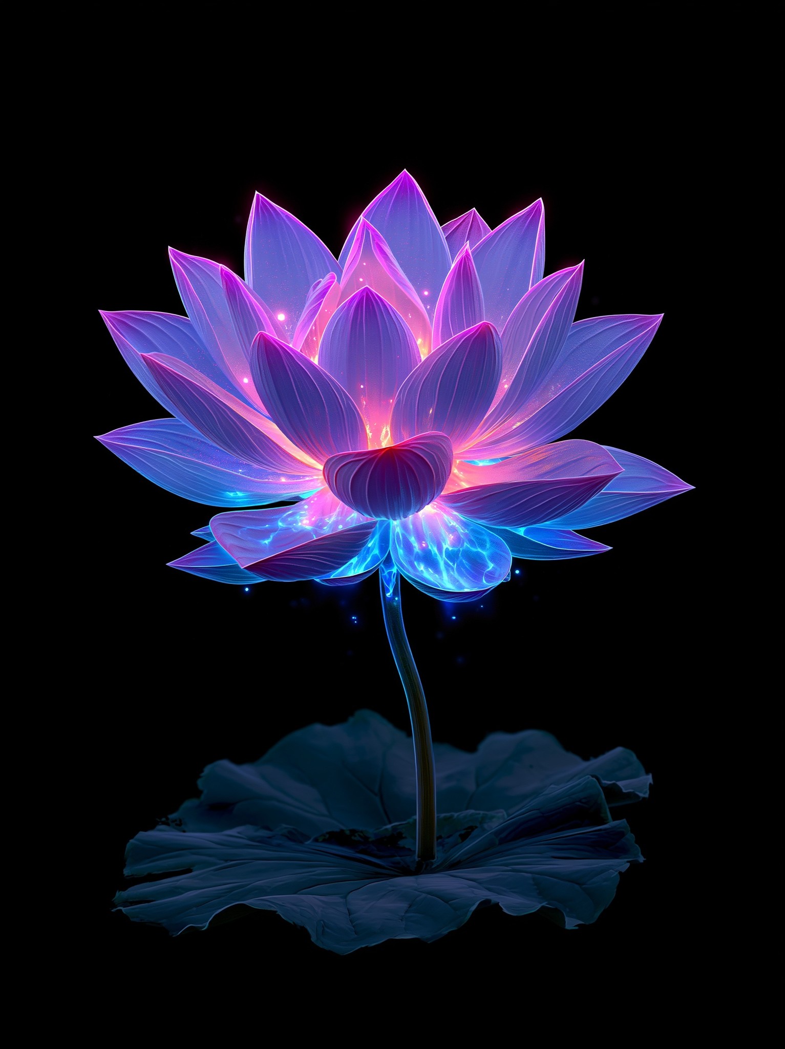 A GLOWING LOTUS FLOWER GROWING ON A BLACK BACKGROUND...