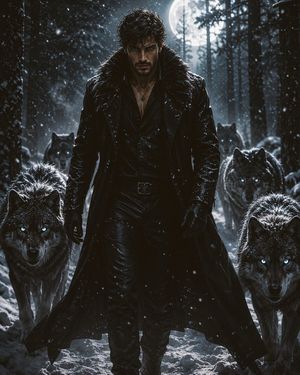 雪林中的男子与狼群