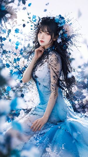 蓝色花卉幻想肖像