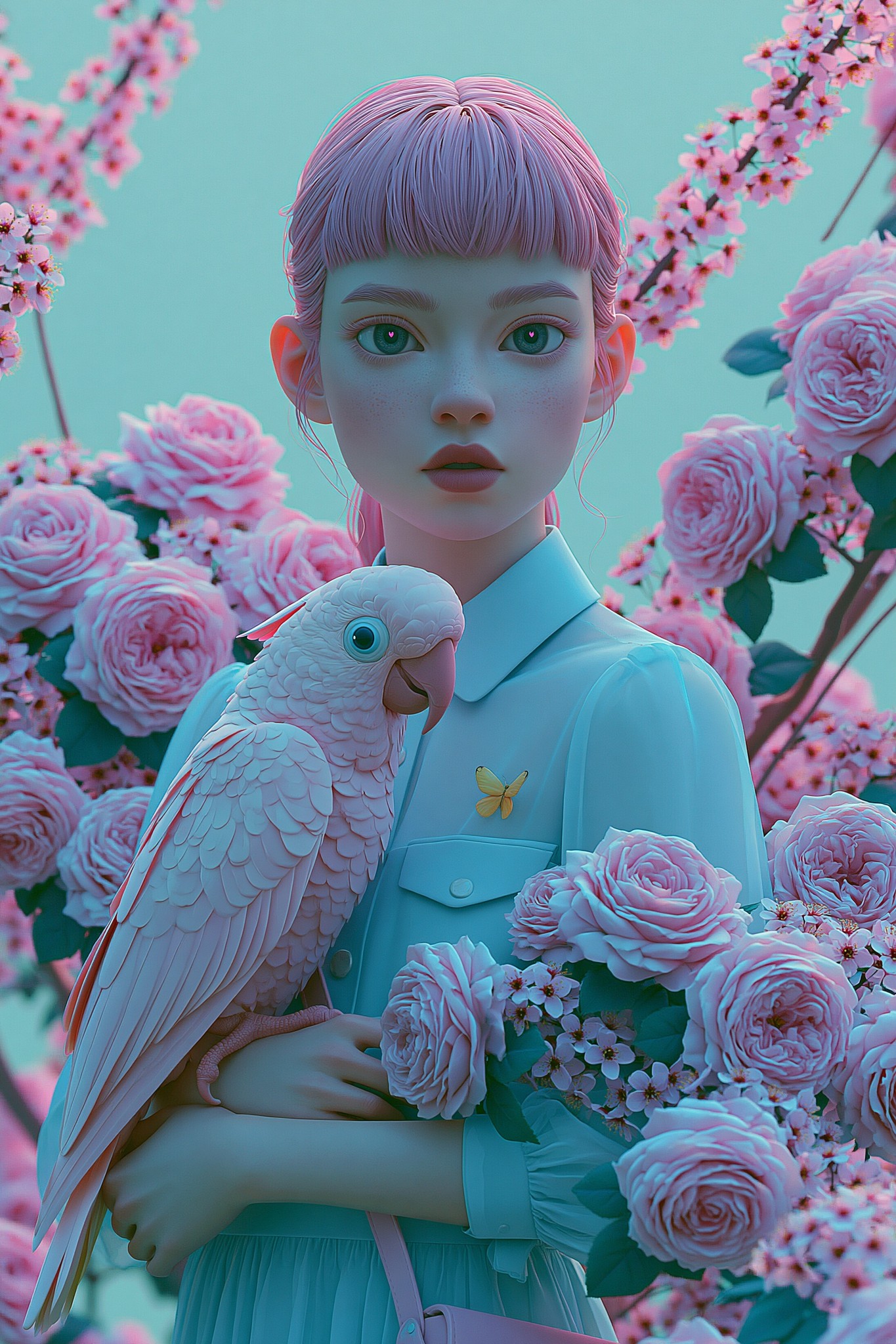 A girl in a soft pastel blue dress slightly...