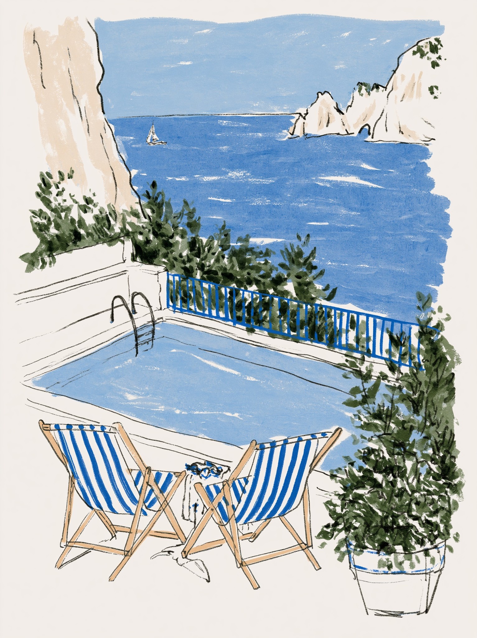 swimming pool on the cliff holiday vibe oil painting...