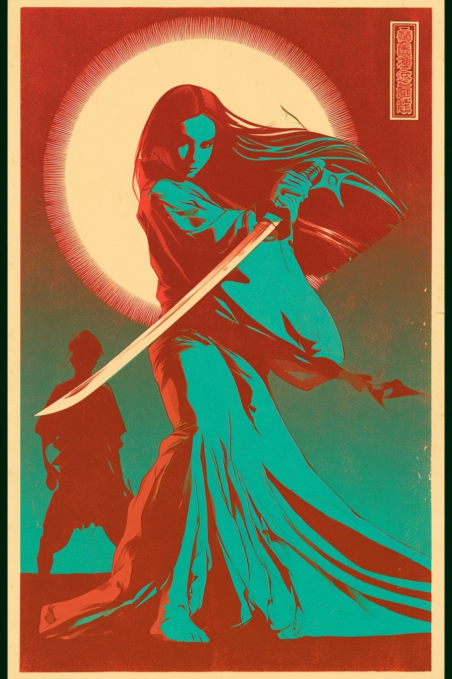 minimal theatrical 1960s Japanese psychedelic poster in the style...