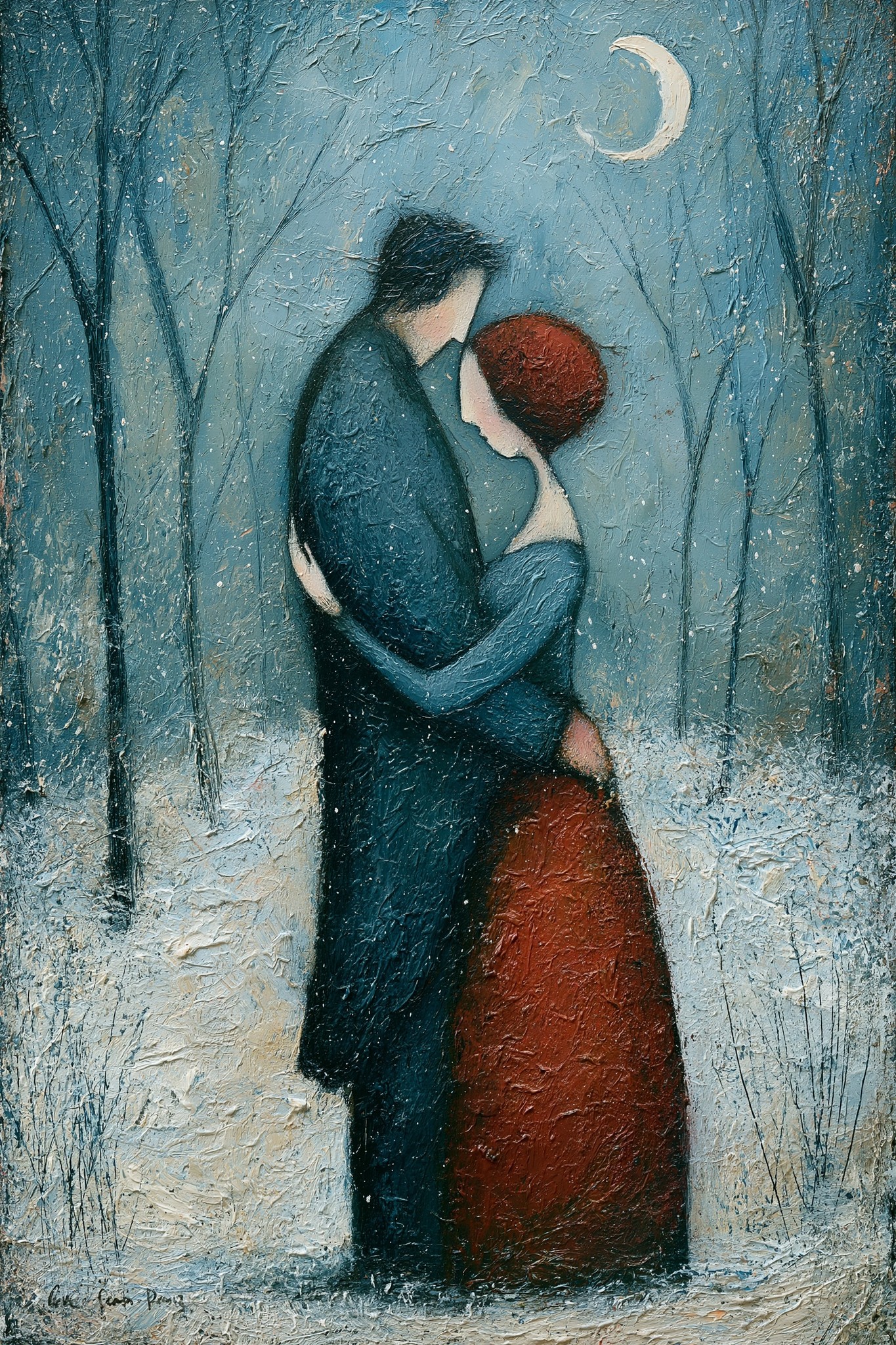 A consummate Pre-Raphaelite inspired winter landscape two ghostly lovers...