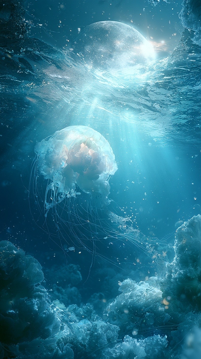 deep ocean under full moon at night silver moonlight...