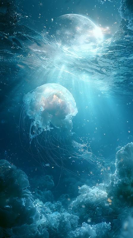 deep ocean under full moon at night silver moonlight...
