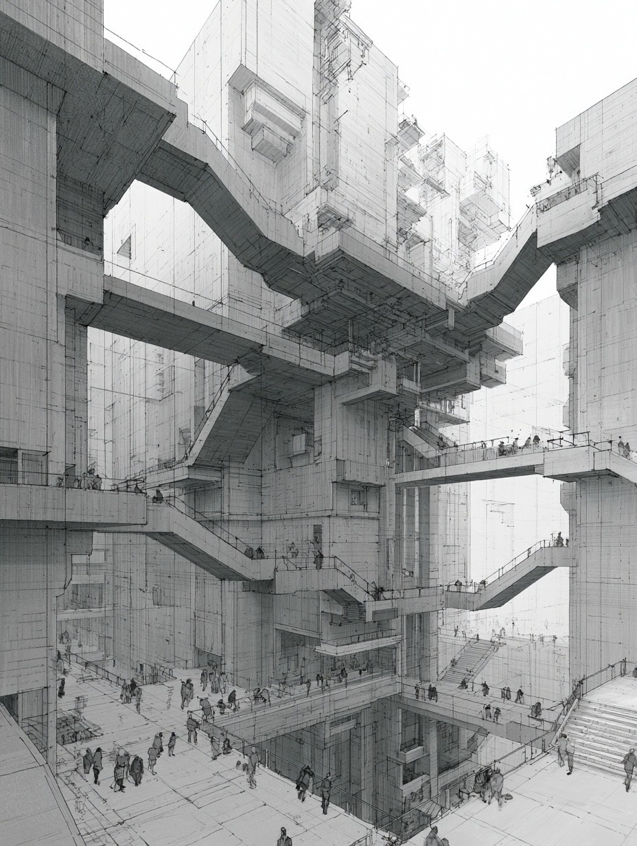 architecture sketch of interior view of a 5 story...