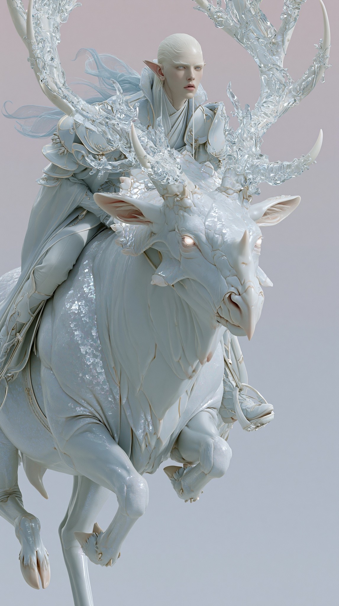 A pale-skinned snow-white supper model rides a deer The...