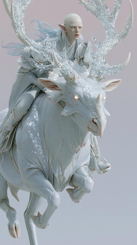 A pale-skinned snow-white supper model rides a deer The...
