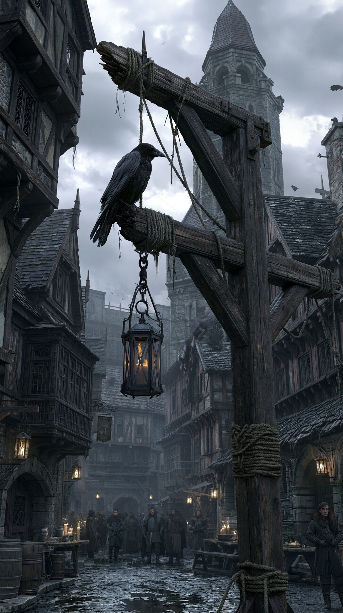 A crow on gallows crossbeam middle of medieval town...