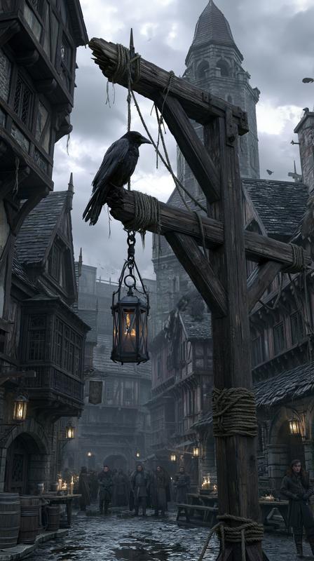 A crow on gallows crossbeam middle of medieval town...