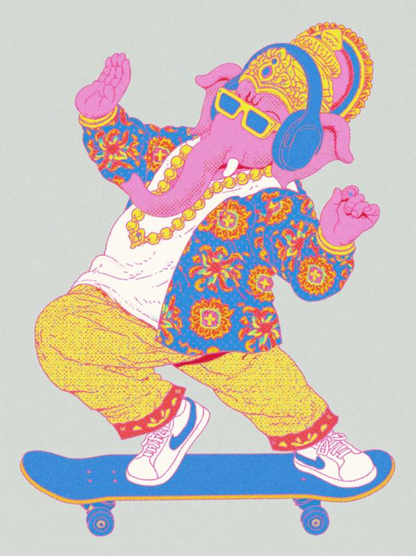 Design of Lord Ganesha wearing sunglasses and headphones full...