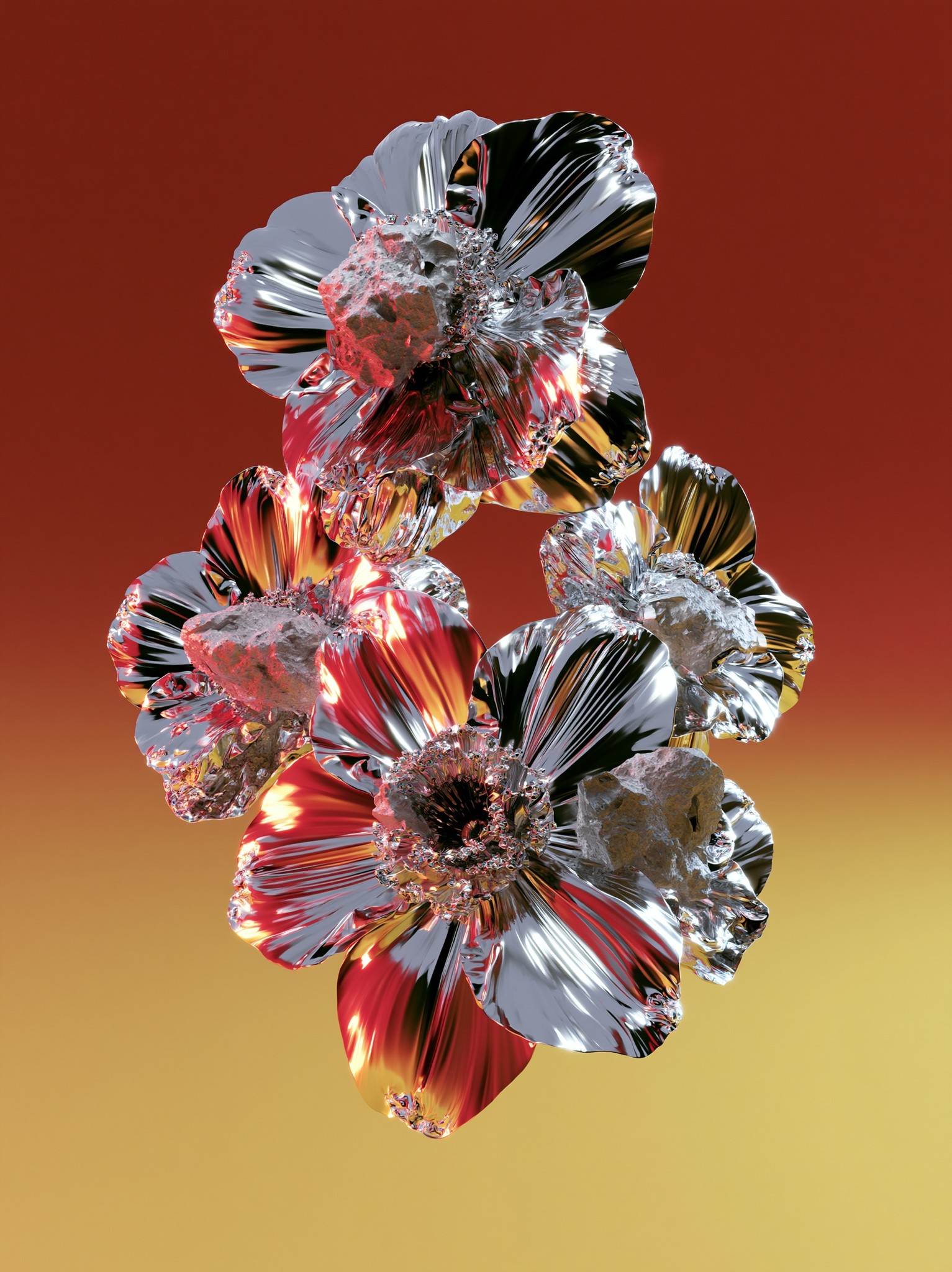 abstract flowers chrome like shiny with petals and lots...