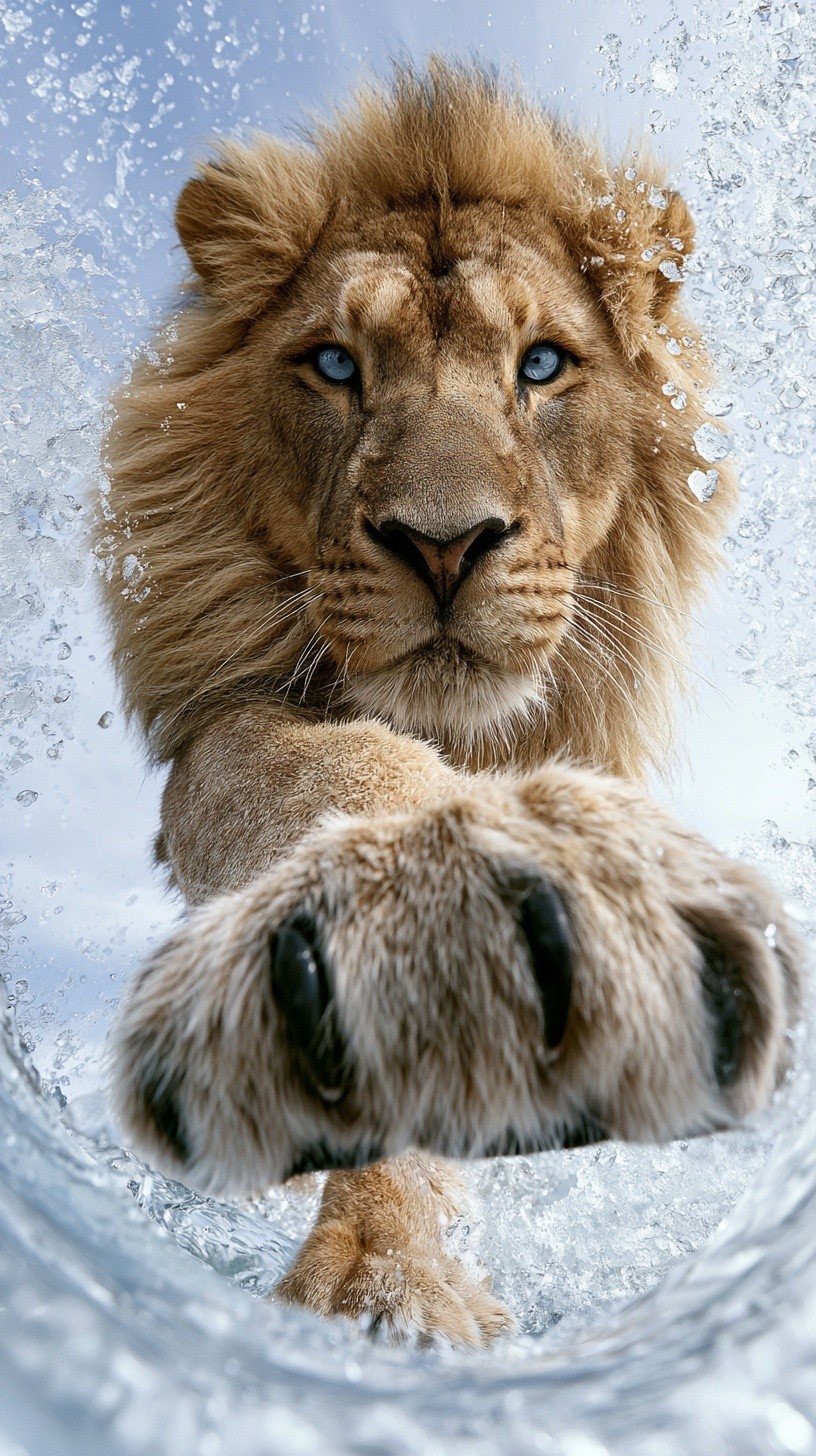 massive lion king walking directly toward the camera perfectly...