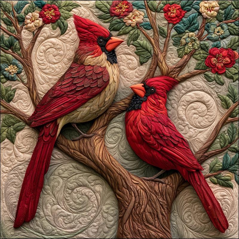 1 1 three-dimensional tree quilt art cardinal bird duo...