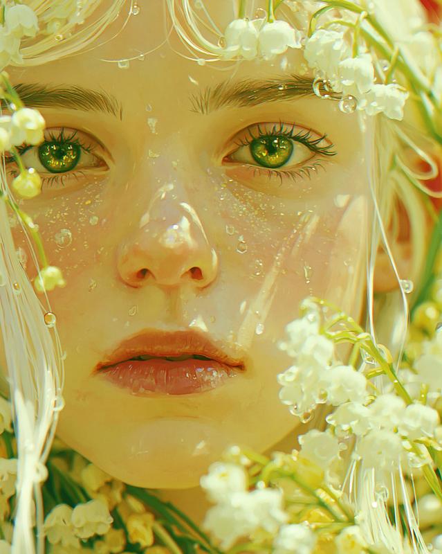 hyperrealistic digital painting of a woman with fair porcelain...